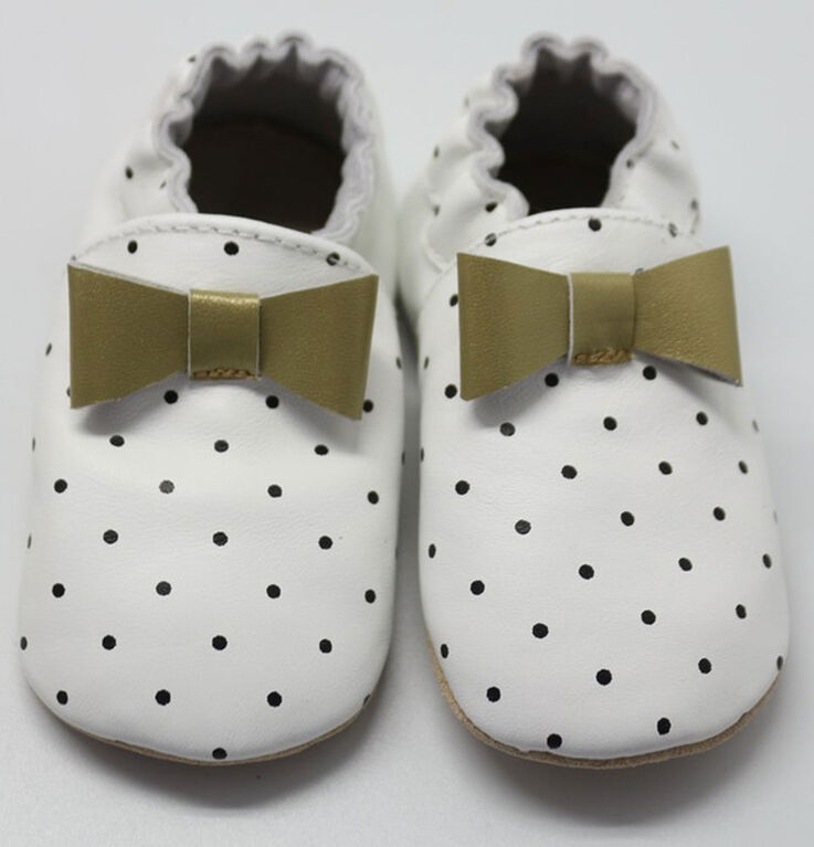 Tickle-toes White with Dots & Gold Bow 100% Soft Leather Shoes 18-24 ...