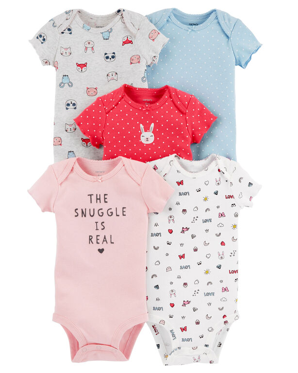 Carter's Baby Girls' 5-Pack S/S Bodysuits - Pink/Poppy - 18 Months