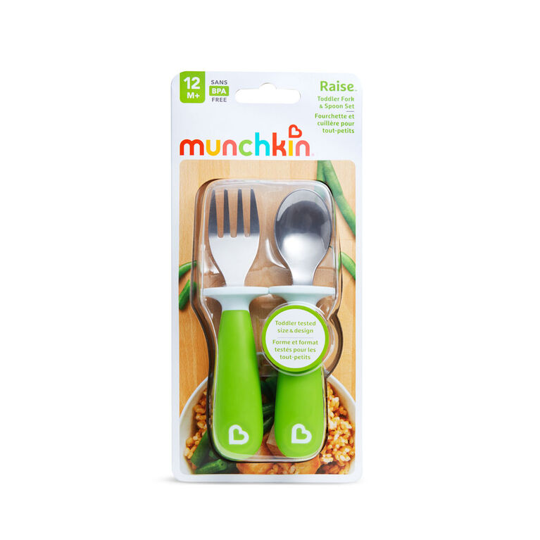Munchkin Raise Toddler Fork and Spoon Set - One per purchase,  Colour may vary from image shown, item selected at random.