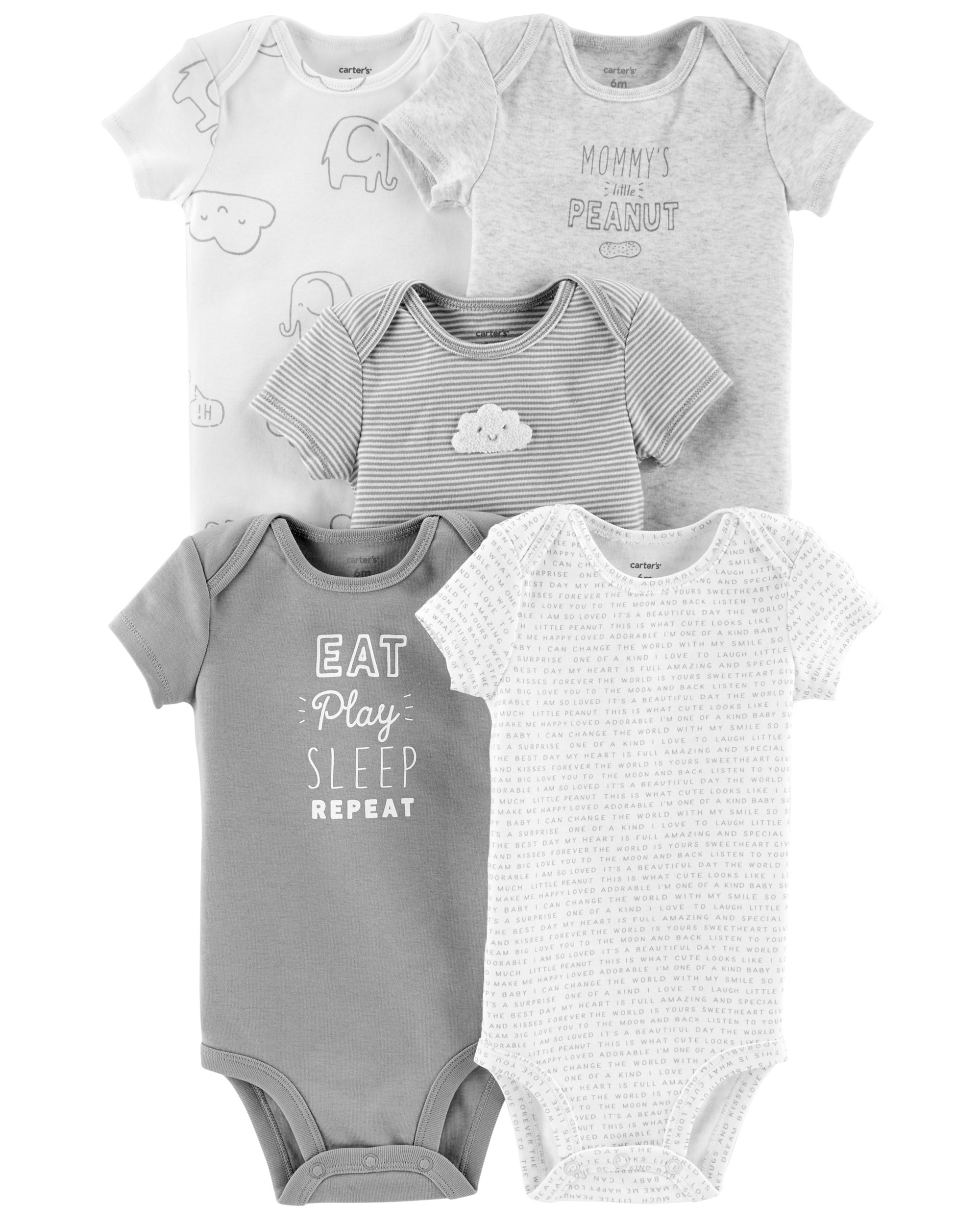 Carter's 5-Pack Bodysuits - Grey, 18 Months